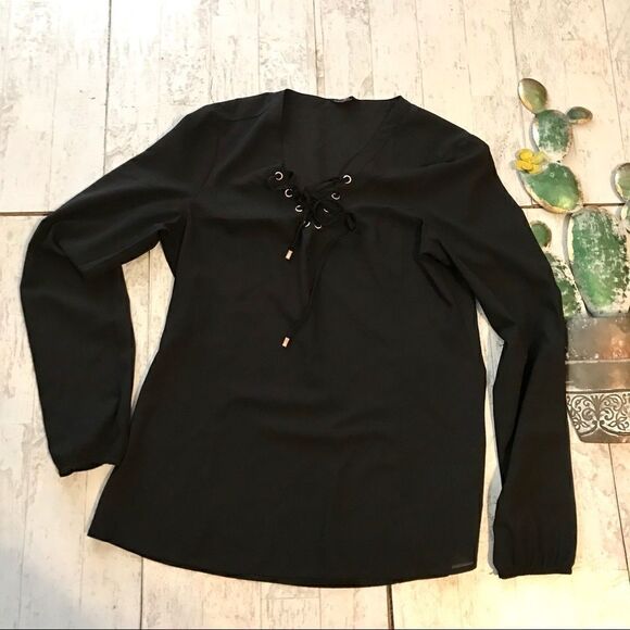 Guess Black Longsleeve lace-up blouse daisy size M - Picture 1 of 12